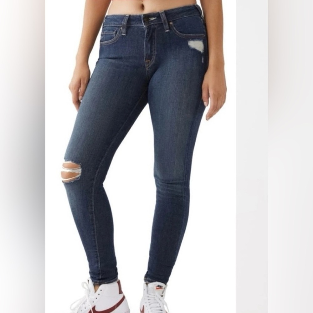 True Religion Dark Wash Distressed Halle Mid Rise Skinny Ankle Jeans 25